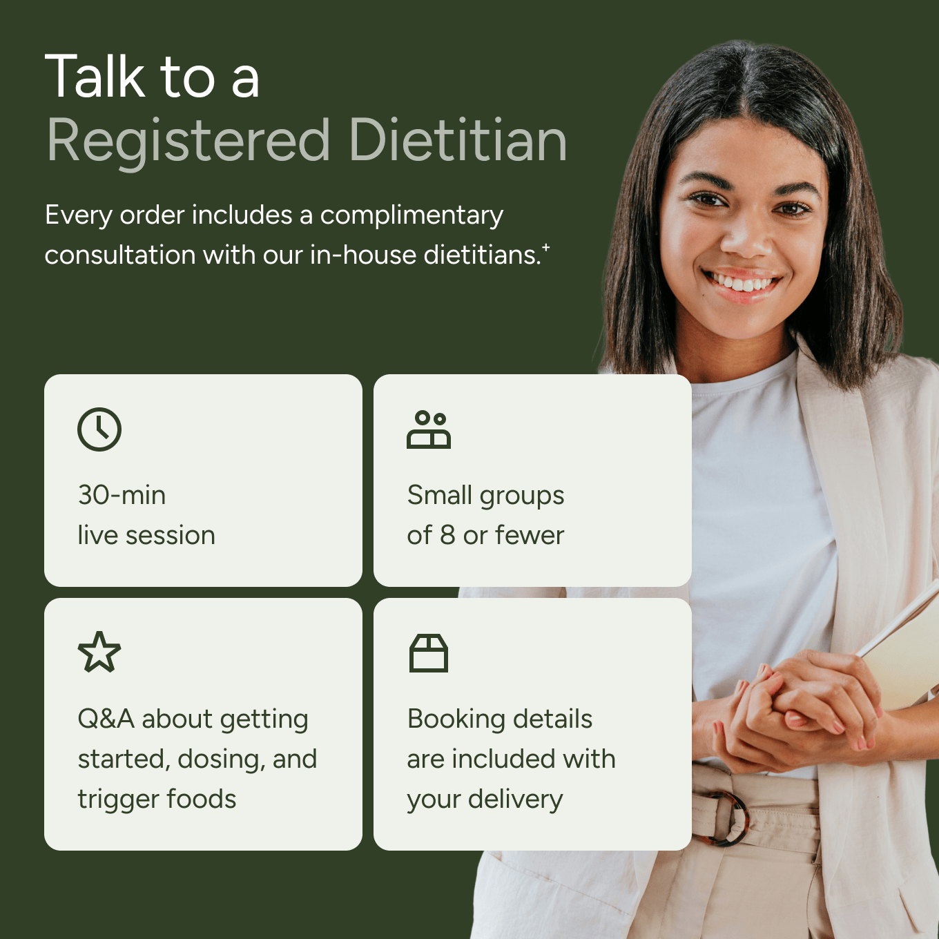 Promotional graphic for a registered dietitian service, featuring a smiling woman on the right and four informational boxes on the left with icons and text about a 30-minute live session, small group size, Q&A about nutrition, and booking details.