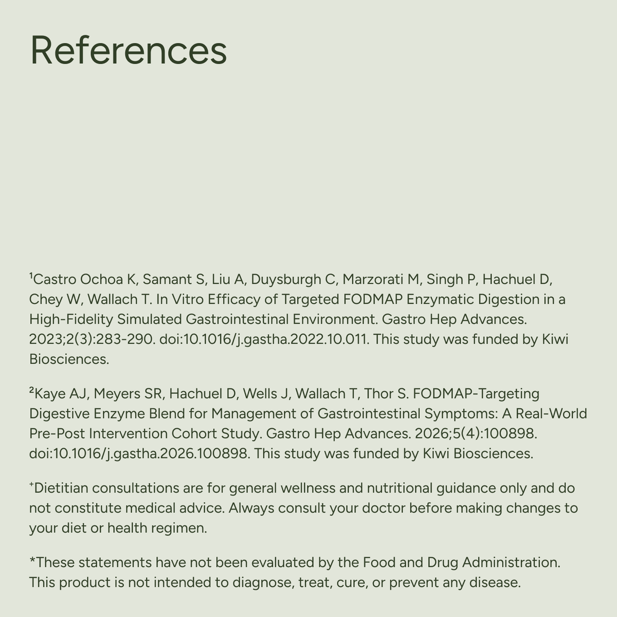 A text-based references page on a light sage green background with the heading 'References' and four paragraphs of citation text.