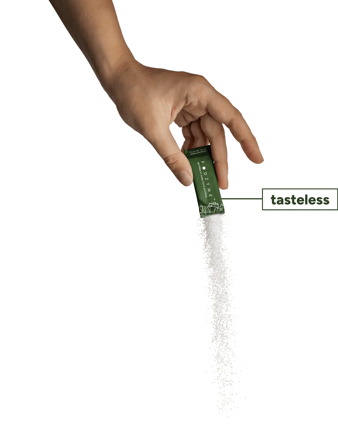 Hand pouring FODZYME from a packet